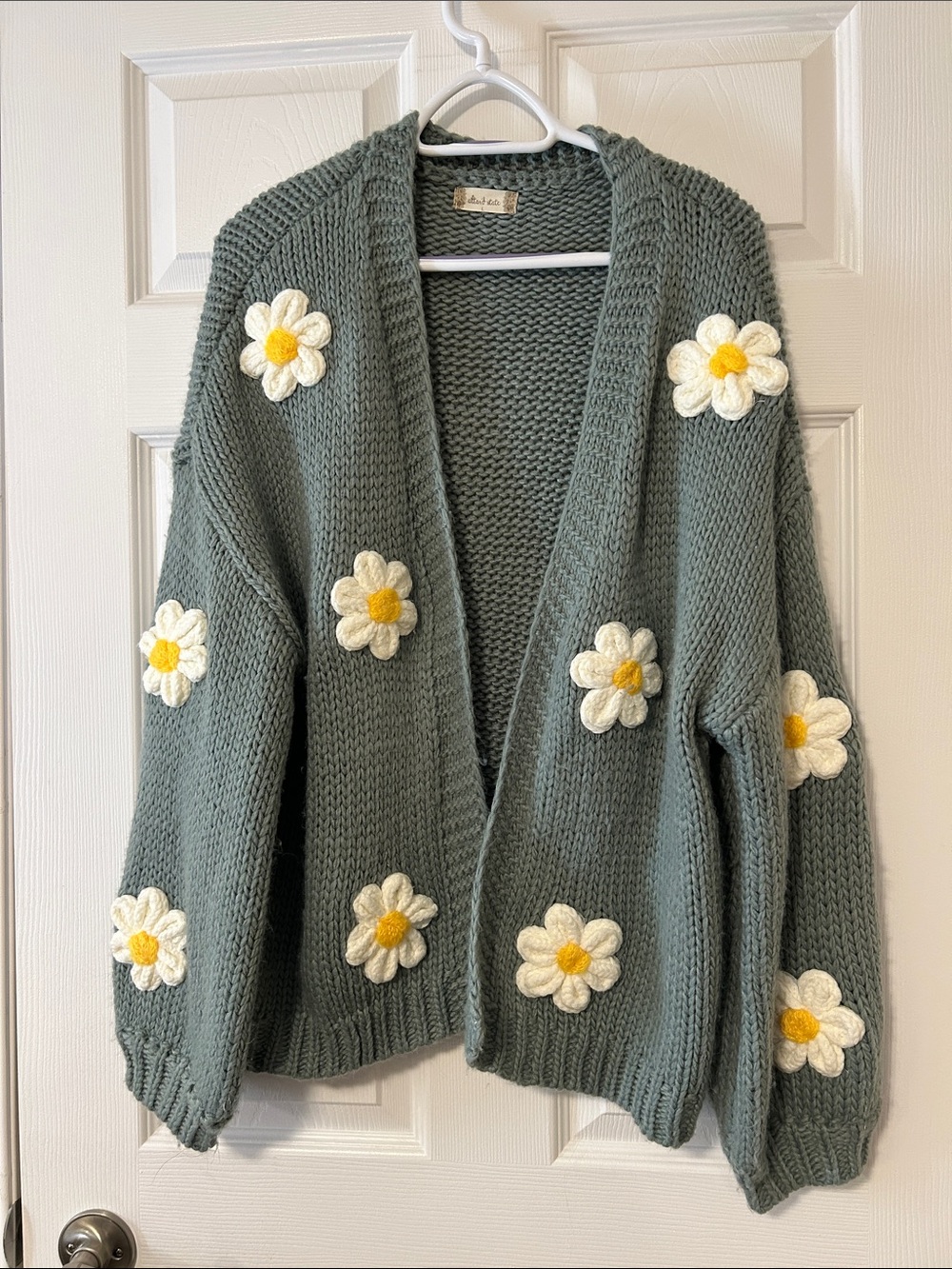 Altar'd State Sage Green Daisy Appliqué Open Cardigan